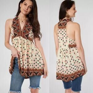 Free People Charlotte Tunic Tank Sleeveless Top Ivory Burnt Orange Size X-Small